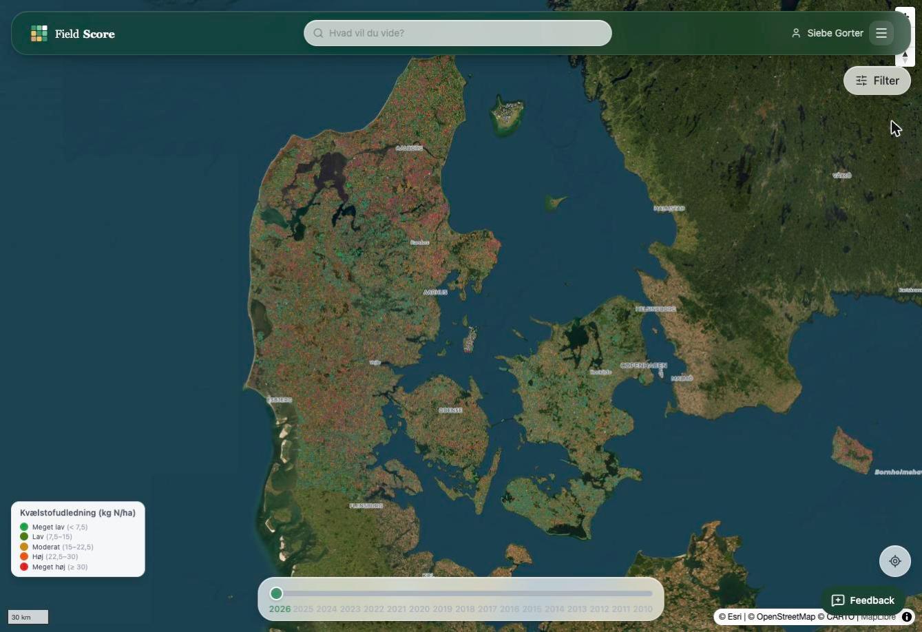 Kvælstofudledningslaget i FieldScore: alle danske marker farvet efter beregnet udledning til kystvand